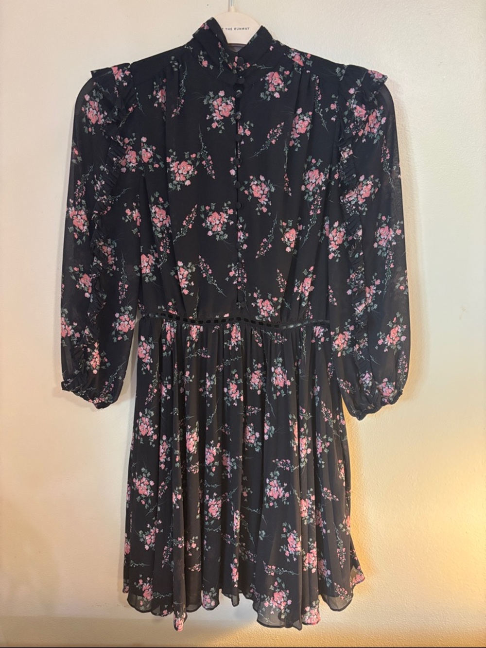 Monique Lhuillier Black Floral Midi Dress with Pink Blooms